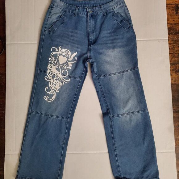 Washed Heart Pattern Cargo Jeans, Slash Pocket Whiskering Low Rise Loose L(8/10) - Picture 2 of 6